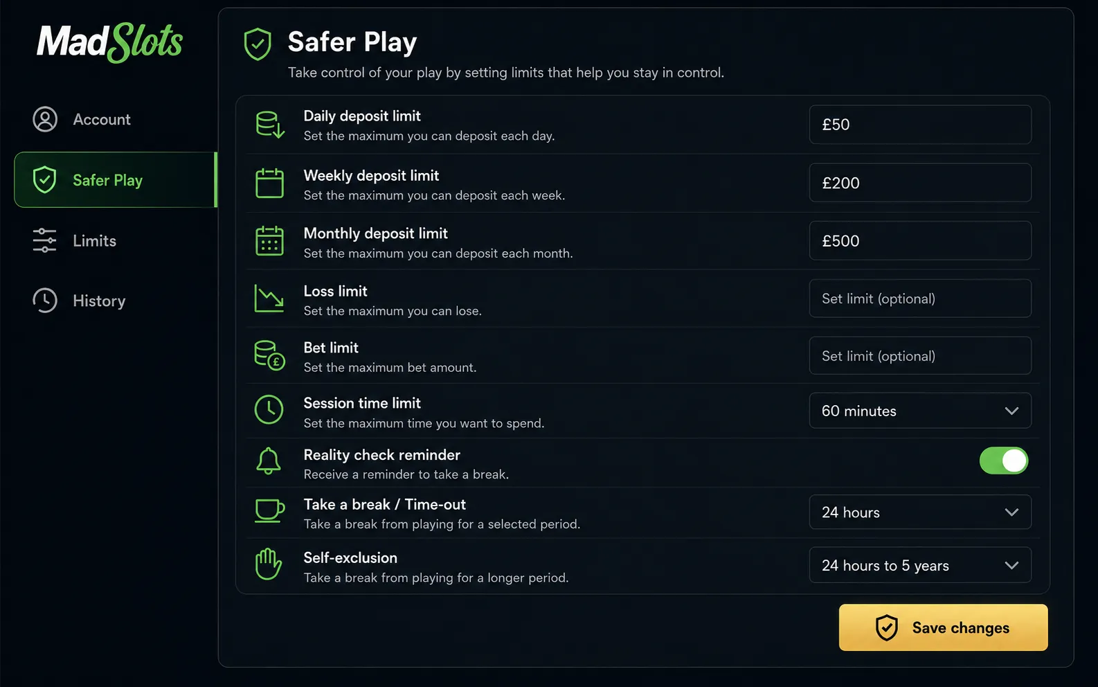 Responsible gambling tools MadSlots